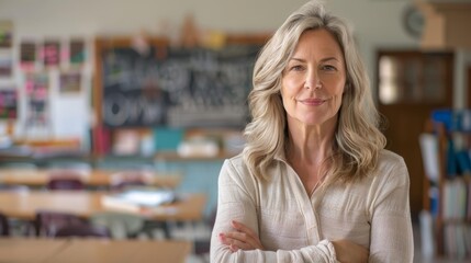 Confident female school teacher in classroom, arms crossed, smiling warmly at students, dedicated educator ready to inspire and motivate young minds in learning environment.