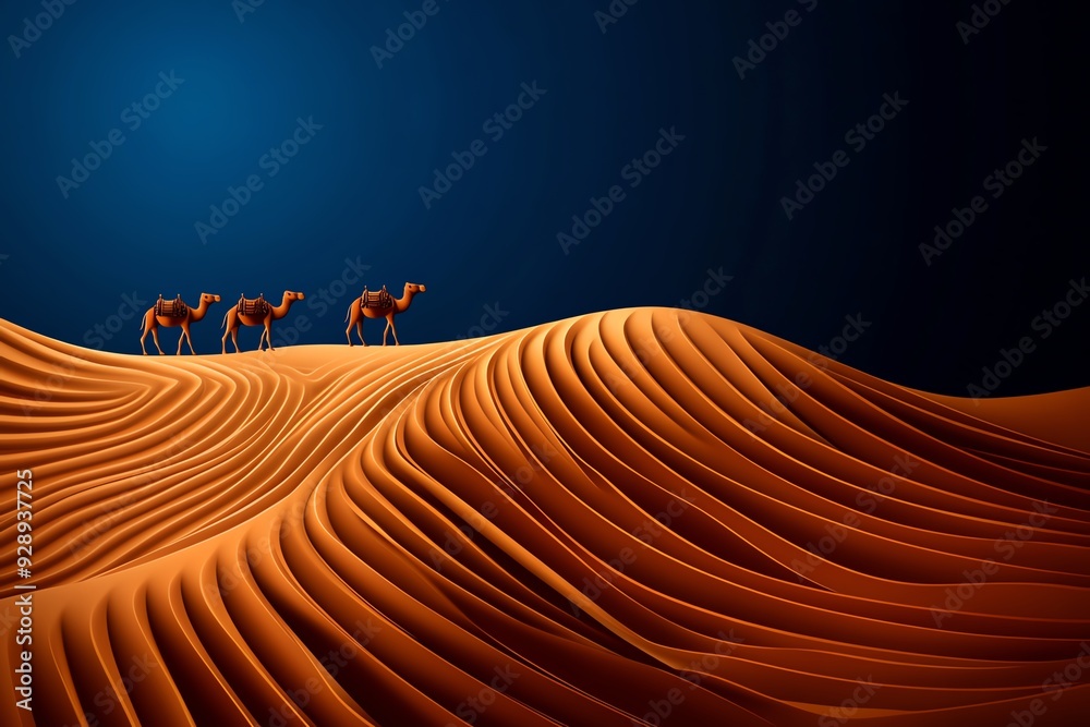 Poster A minimalist abstract piece where the camel caravan is depicted as simple lines and shapes moving across a stark desert landscape