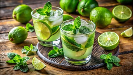 Fototapeta premium Freshly squeezed lime juice and sprigs of bright green mint leaves garnish a refreshing summer drink, evoking feelings of coolness and rejuvenation on a hot day.