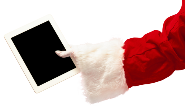 Santa Claus hand holding tablet isolated on transparent background. Online shopping, sales, gadgets. Concept of Christmas and New Year, winter holidays. Postcard, ad template