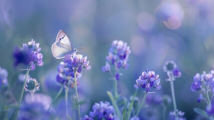 Fototapeta premium Beautiful wild flowers chamomile, purple wild peas, butterfly in morning haze in nature close-up macro. Landscape wide format, copy space, cool blue tones.