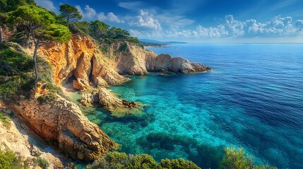 A picturesque coastal scene featuring rugged cliffs, vibrant turquoise water, and lush greenery under a bright blue sky with scattered clouds.