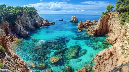 Fototapeta premium A stunning rocky cove with crystal-clear turquoise water surrounded by rugged cliffs and lush greenery under a bright blue sky.