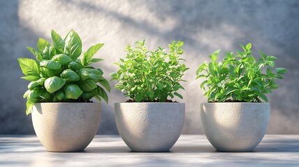 Fototapeta premium Three potted herbs, including basil and mint, grow in minimalist concrete planters, illuminated by soft natural light, creating a fresh and modern gardening scene.