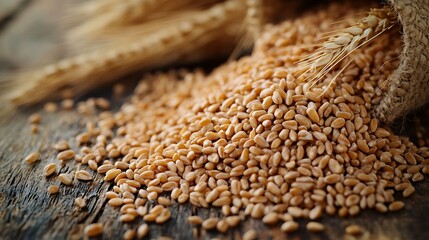 Obraz premium Close-up of wheat grains spilling from a burlap sack onto a rustic wooden surface, highlighting the natural texture and agricultural theme.