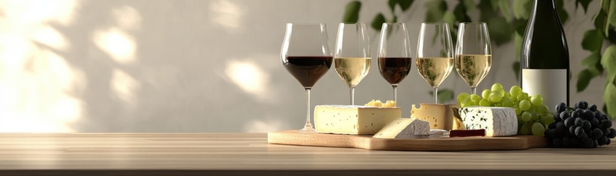 Four glasses of wine with a selection of cheeses and grapes on a wooden table, creating a perfect setting for a wine and cheese tasting.