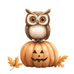 Fototapeta premium A whimsical owl perched on a carved pumpkin, surrounded by autumn leaves, perfect for Halloween-themed decor.