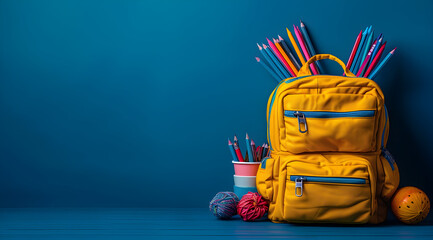 Fototapeta premium Yellow Backpack with Colorful Pencils on Blue Background Illustration
