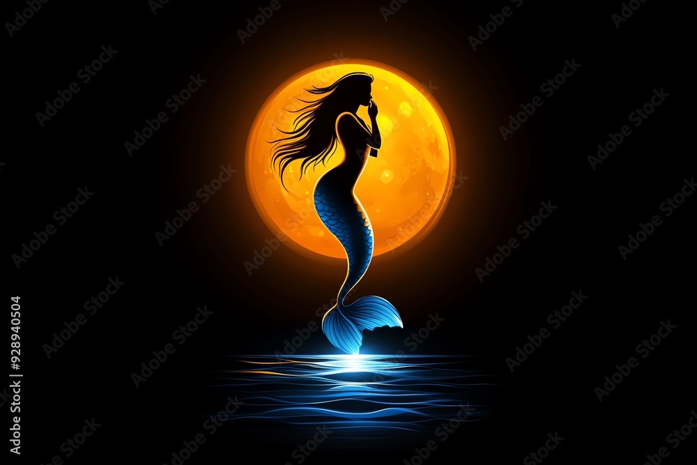 Poster A minimalist design showing the silhouette of a mermaid swimming against a full moon reflected in the ocean