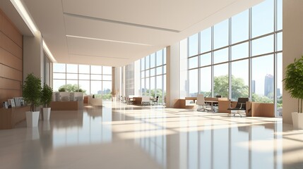 Modern office space with large windows and a view of the city skyline.
