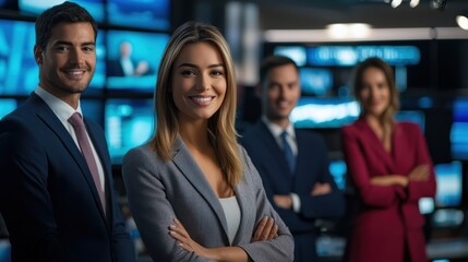 A confident group of professionals smiling in modern office setting, exuding teamwork and positivity. 