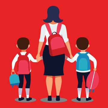 recommend clip art: Back To School Mom And Kids Red Backpack