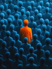 Obraz premium Vivid orange figure prominently in blue crowd