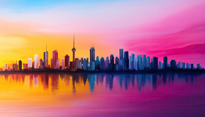 Fototapeta premium Vibrant skyline at sunset with colorful reflections on water, showcasing urban beauty and tranquility.