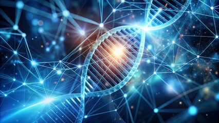 Obraz premium Futuristic blurred background with glowing DNA helix, abstract medical molecules, and neural network lines, representing advanced healthcare and biotechnology innovations.