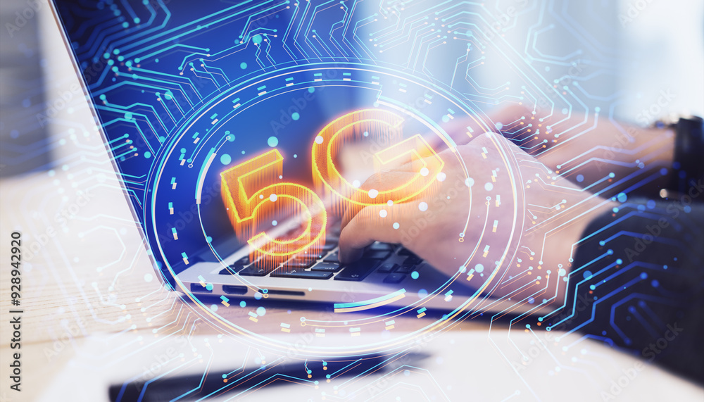 Poster side view of male hands using laptop with glowing 5g circuit hologram on blurry background. mobile i