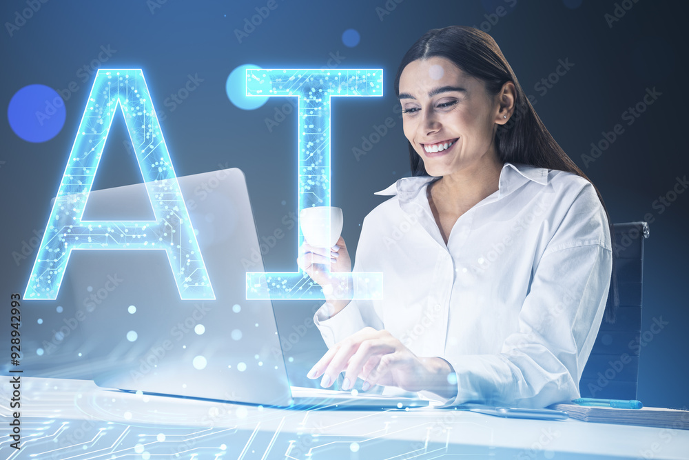 Poster attractive happy businesswoman using laptop with glowing blue ai hologram on blurry bokeh circles ba