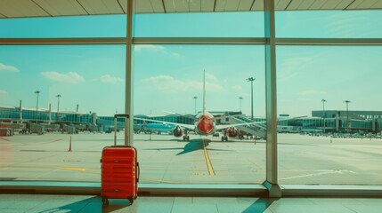 Suitcase, travel bag in airport. Airplane outside window. Travel background illustration generated by ai