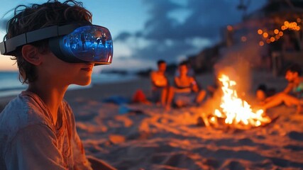 A child experiences virtual reality while friends relax around a bonfire on the beach during sunset. - Powered by Adobe