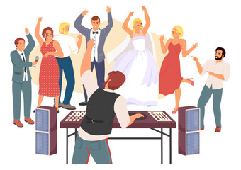 Wedding party celebration with dj mixing music tracks on turntable console vector illustration. Cartoon groom and bride with guests crazy crowd dancing and clubbing together