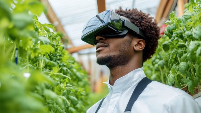 A man explores virtual reality in a greenhouse to learn about innovative farming techniques - Powered by Adobe