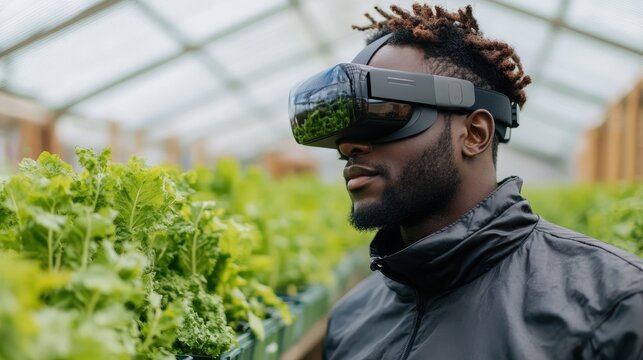 A man wearing a VR headset engages with modern agricultural practices surrounded by vibrant greenery