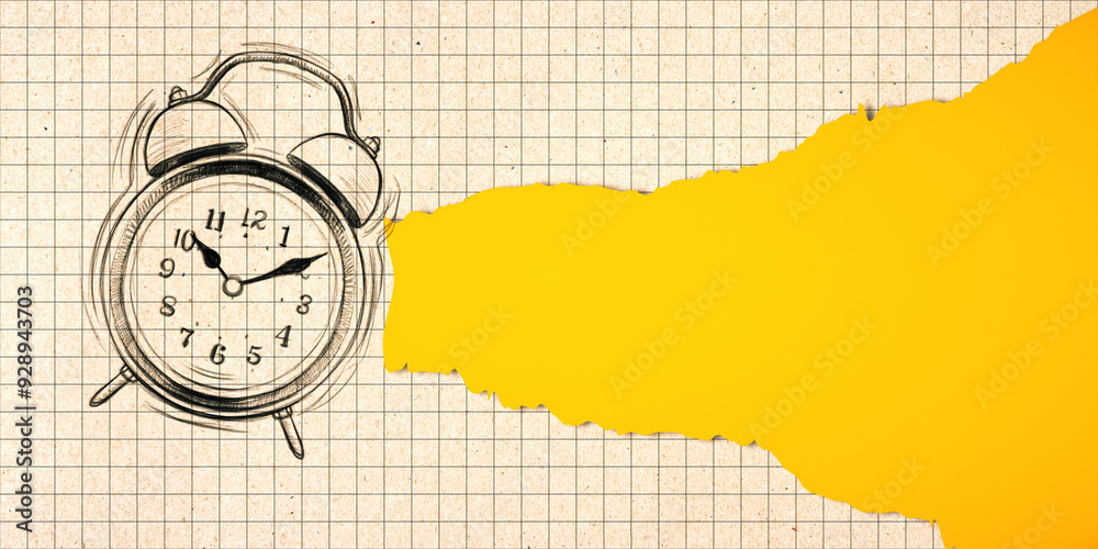 Aufkleber Creative drawn alarm on yellow grid copybook background with mock up place. Back to school concept. 3D Rendering.