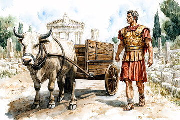 The Roman soldier, walking beside an ox cart. Watercolor Style Illustration. 
