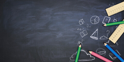 Creative educational sketch on chalkboard wall background with mock up place. Back to school concept.