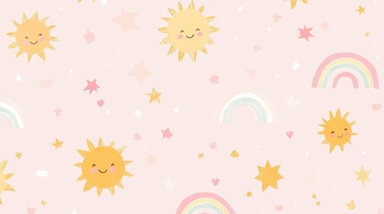 A cheerful pattern featuring suns, rainbows, stars, and hearts on a soft pink background.
