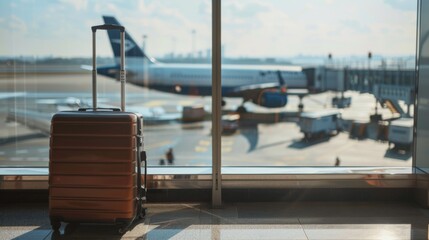 Suitcase, travel bag in airport. Airplane outside window. Travel background illustration generated by ai