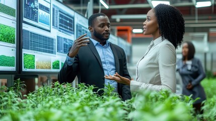 A man and woman analyze agricultural data on digital screens surrounded by vibrant plants