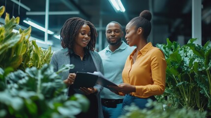Naklejka premium Three individuals engage in conversation about gardening while reviewing notes among vibrant plants indoors