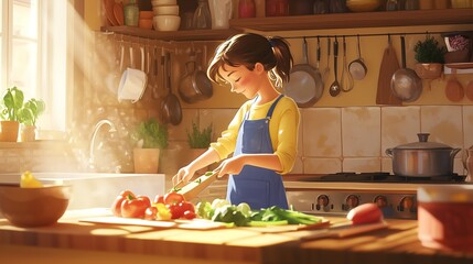 Cozy Kitchen Scene with Eleven-Year-Old Helping to Prepare a Meal, Highlighting Practical Life Skills and Family Bonding