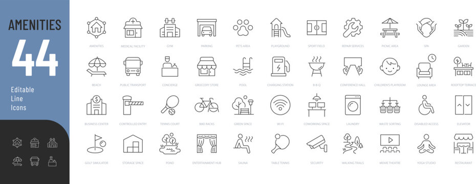 Amenities Line Editable Icons set. Vector illustration in modern thin line style of community space related icons: lounge zone, parking, playground, spa, and more. Pictograms and infographics