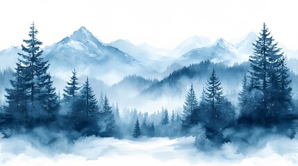 Hand-painted watercolor winter background with a snowy forest, ideal for Christmas and New Year invitation designs.