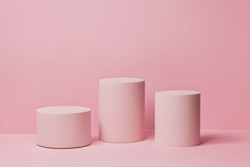minimalistyczne tło, beżowe, cylindryczne postumenty, różne rozmiary, ciepłe odcienie, elegancka ekspozycja, fotografia produktowa, miękkie oświetlenie, gładkie tekstury, subtelne tło, prosta elegancj