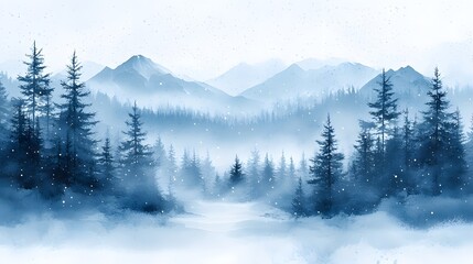 Fototapeta premium Hand-painted winter scene with gentle snowflakes and fir trees, offering a charming background for holiday season invitations.