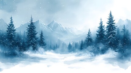 Fototapeta premium Hand-painted winter background vector featuring frosty trees and a calm snowy sky, ideal for seasonal invitations.