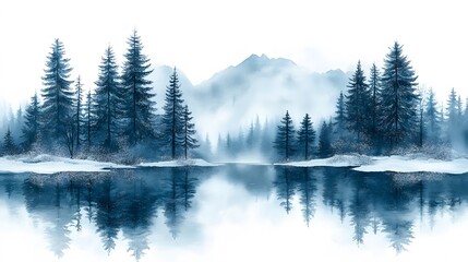Fototapeta premium Watercolor winter scene with a serene landscape and softly falling snow, perfect for Christmas and New Year invitation backgrounds.