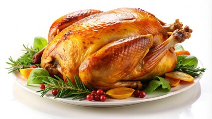 Golden brown, perfectly roasted turkey with crispy skin and juicy meat, isolated on a white background, awaiting a delicious holiday feast or family gathering.