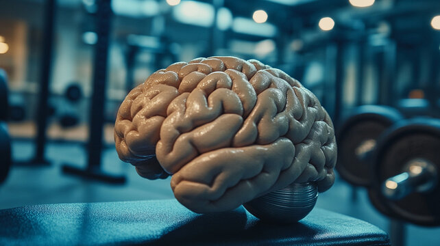 Brain resting on dumbbells in a gym during evening workout session