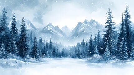 Hand-painted winter background vector with gentle snowflakes and a tranquil snowy forest, designed for seasonal invitations.