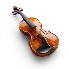 A violin, classical music instrument, 3D rendering, polished wood with strings, isolated on white background.