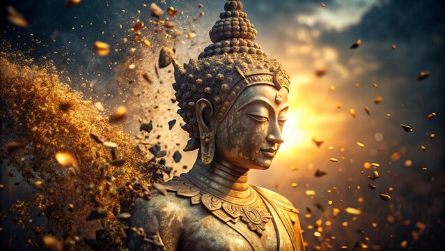 Golden light falls on ancient, weathered stone statue as it slowly crumbles, fragments breaking off, and dissolving into tiny particles of dust and debris.