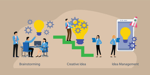 Project management vector illustration set. Startup collaboration, find solution, product development stage metaphor 2d flat vector illustration