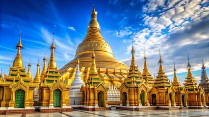Fototapeta premium Golden stupa of Shwedagon Pagoda rises majestically against a vibrant blue sky, adorned with glittering diamonds and precious gems in Yangon, Myanmar.