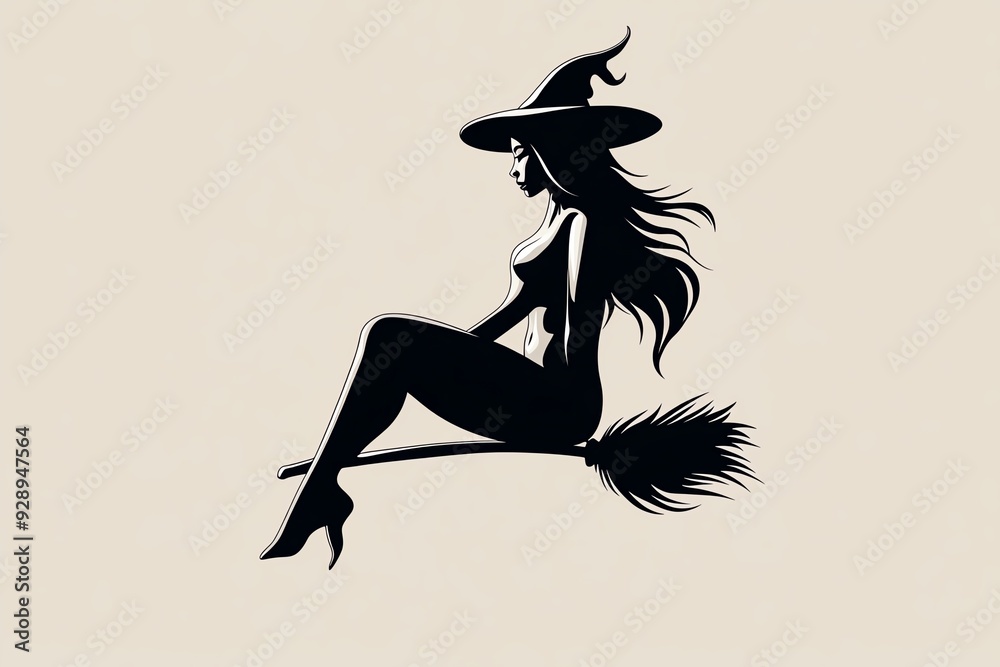 Poster A minimalist scene of a witch on her broomstick, practicing divination, the design focused on clean lines and subtle hints of magic, creating a serene and mystical atmosphere
