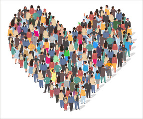 People standing together in heart shape vector illustration. Social community, crowd of many male and female characters love symbol cartoon design. Society diversity concept