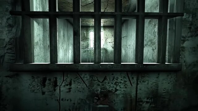 Eerie abandoned building with barred window weathered walls